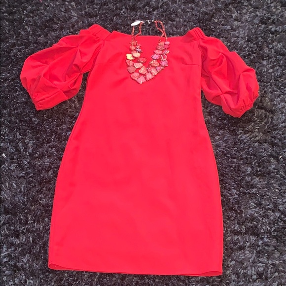 NWT GRACIA RED PUFF SLEEVE DRESS - Picture 2 of 5